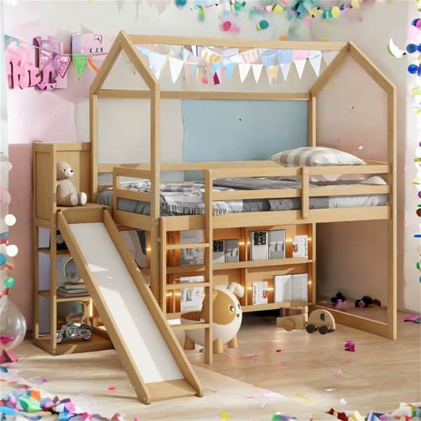 slide 2 of 24, Twin Wood Loft Bed with Slide and Storage Shelves Natural