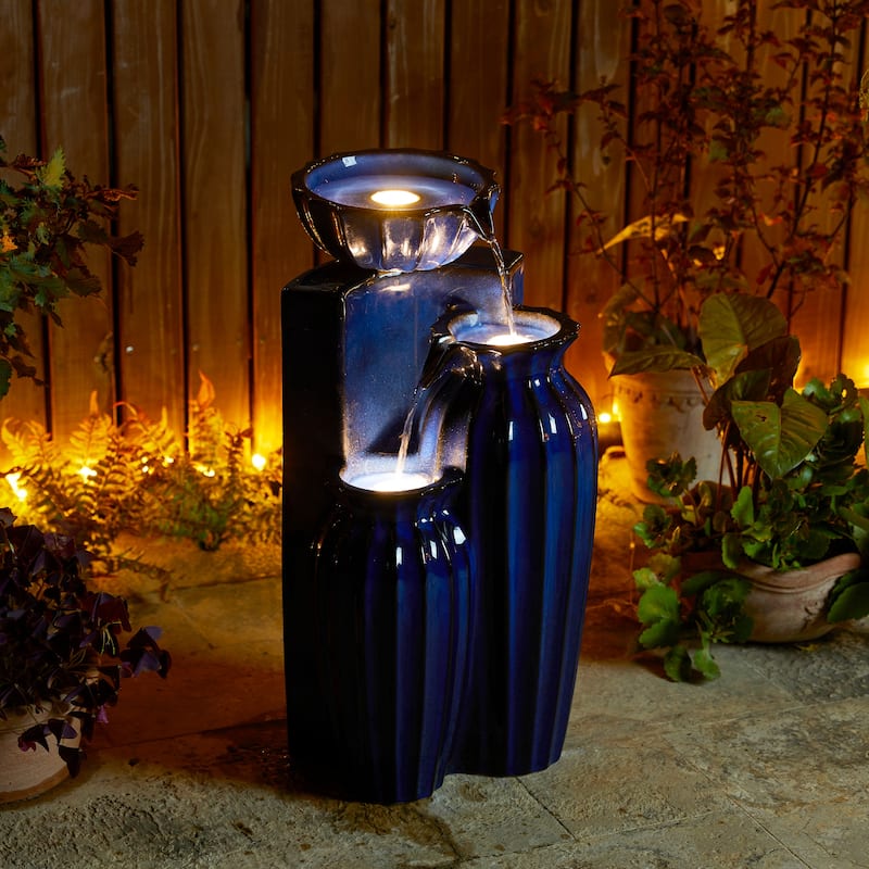 Glitzhome 27"H/35"H 3-Tier or 4-Tier Embossed Pattern LED Ceramic Pots Fountain