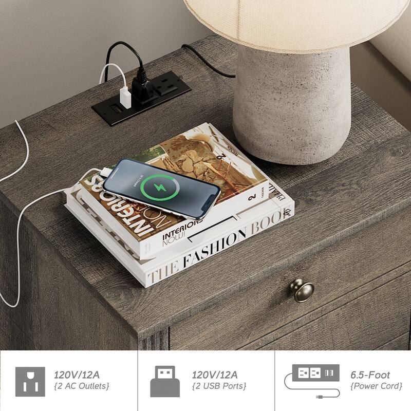 End Table with Charging Station, Side Table with Storage, 2 Power outlets & 2 USB Ports for Living Room