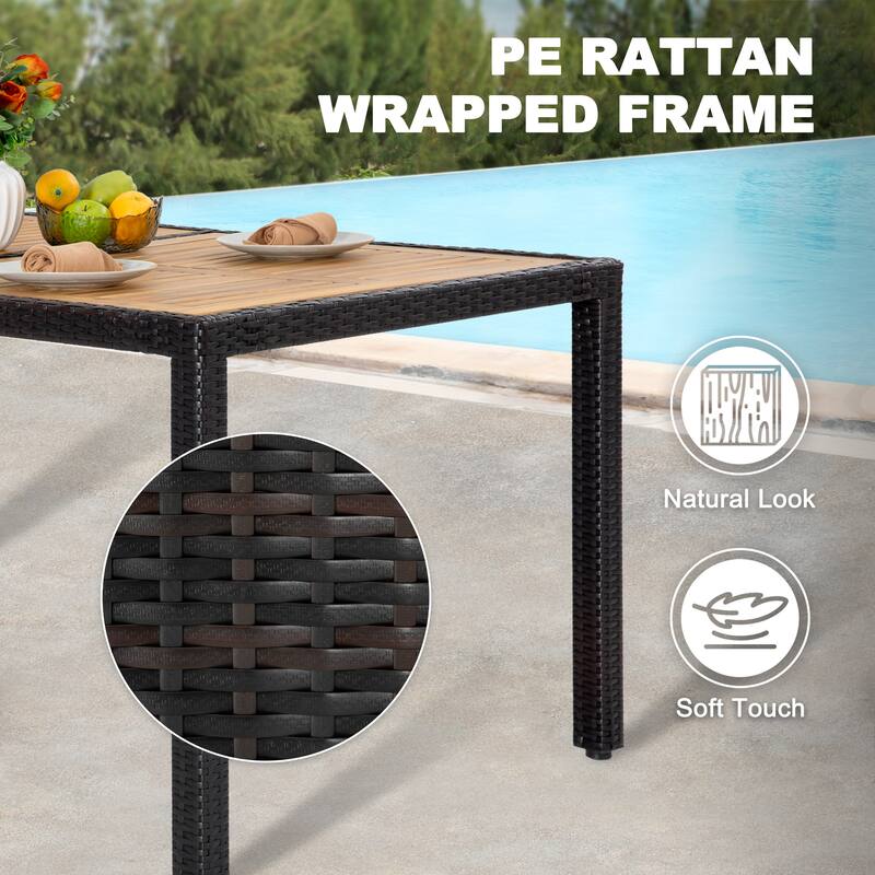 Patio Dining Table, Acacia Wood Top, PE Rattan-Wrapped Metal Frame, Black