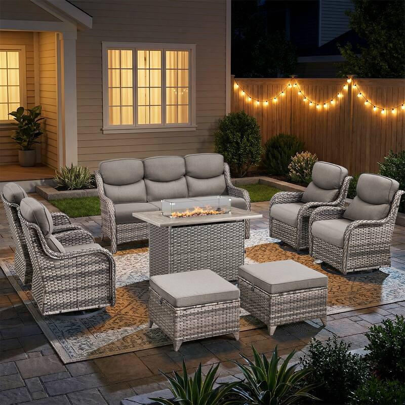 Pocassy Outdoor Fire Pit Sofa Swivel Chairs Conversation Set - Gray Wicker Gray Cushion - 8-Piece Sofa Swivel Chair Ottoman w/ Fie Table