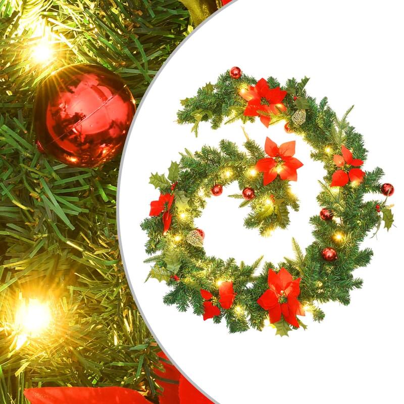 vidaXL Christmas Garland Holiday Artificial Xmas Garland with LED Lights PVC - 8.9' - Red