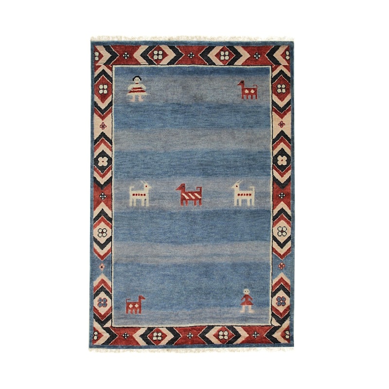 Blue Hand Knotted Wool Traditional Modern Rug 6' x 9' - Low Pile Dense Soft High Traffic Durable - N/A