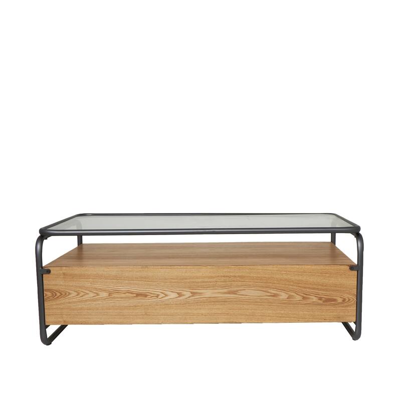 Brown Wooden Living Room Coffee Table with Cane Front Drawers and Gray Metal Frame