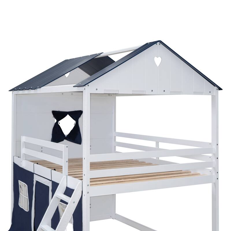 Full Size Wooden Bunk Bed with Elegant Windows and Tent Design, Blue and White