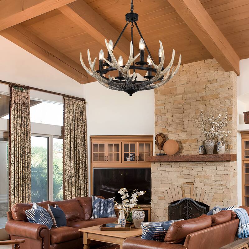 Adjustable Height 6 Lights Farmhouse Metal Frame Wagon Wheel Chandelier with Decorative Faux Antlers
