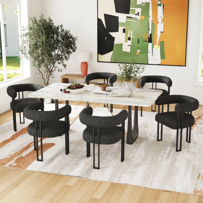 Set of 2 Upholstered Dining Arm Chairs, Bouclé Fabric Accent Chairs with Metal Frame, with Cushioned Seat & Back