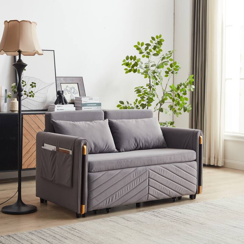 54" Velvet Pull-Out 2-Seater Sofa Bed with Adjustable Backrest & 2 Pillows