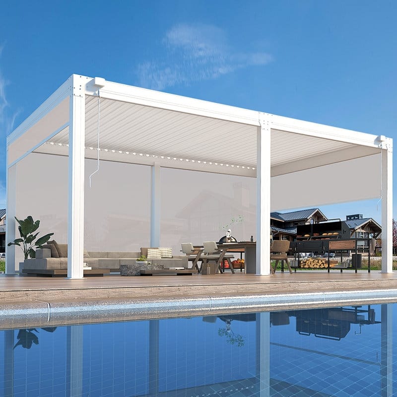 EROMMY Outdoor Louvered Pergola Gazebo with Adjustable Aluminum Rainproof Roof and Pull-Down Screen - 12' x 20' - White