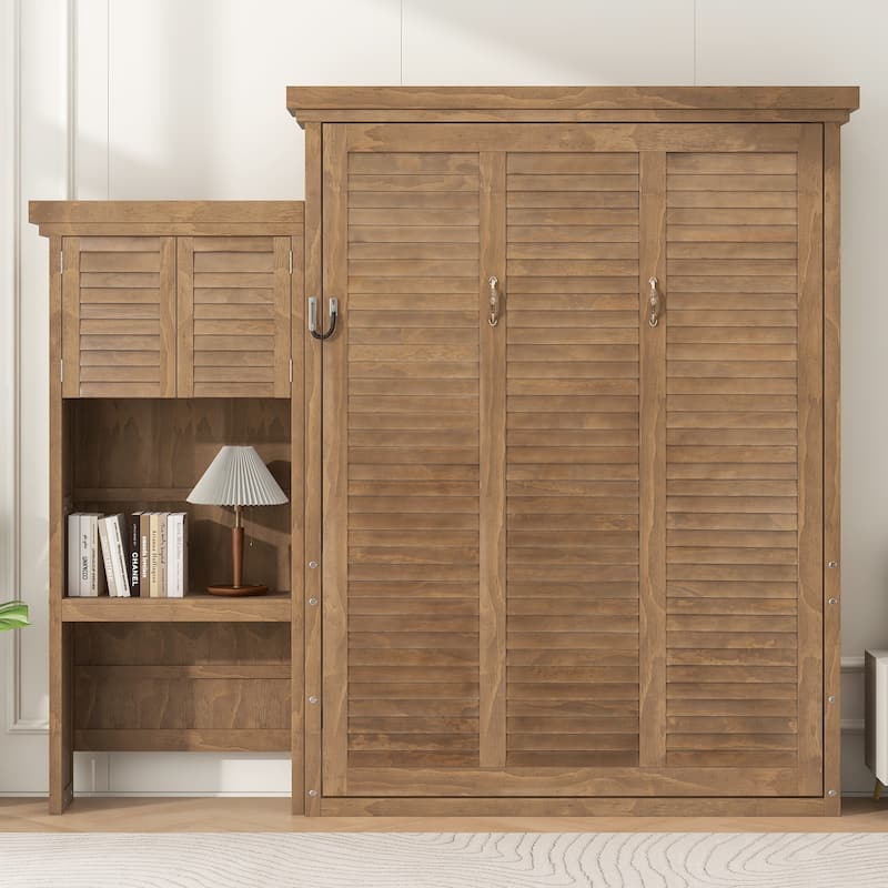 Queen Size Murphy Bed Wall Bed with Louvered Panel and Side Storage Shelves Space Saving Murphy Bed Pull Down Bed with Cabinets