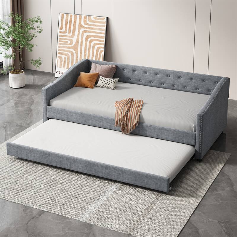 Upholstered Tufted Twin Size Daybed with Twin Size Trundle Sofa Bed