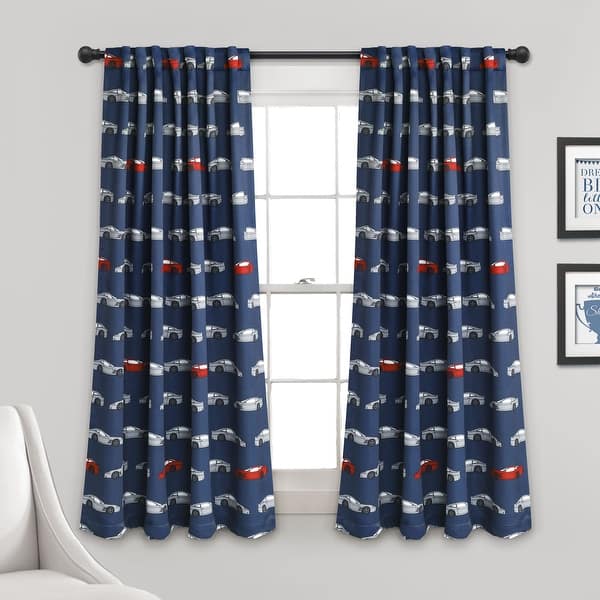 slide 2 of 5, Lush Decor Race Cars Room Darkening Curtain Panel Pair 63 Inches - Navy