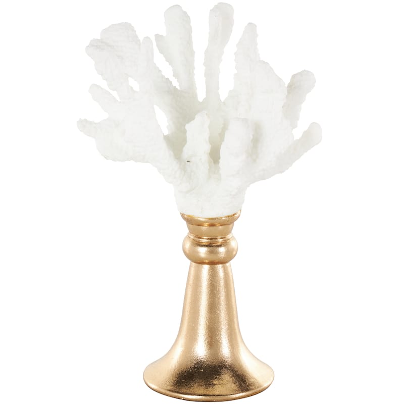 White Resin Textured Coral Decorative Sculpture with Round Copper Base - 6"W x 8"L x 13"H