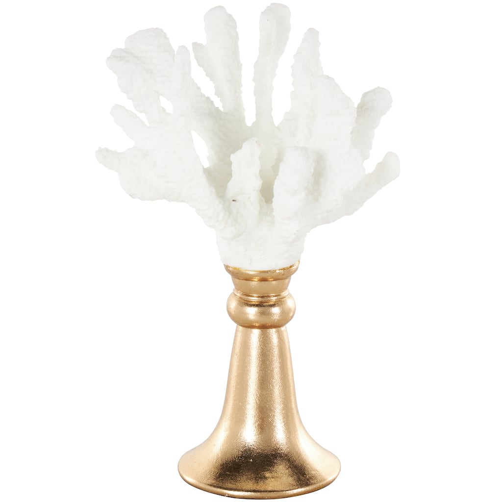 White Resin Textured Coral Decorative Sculpture with Round Copper Base - 6"W x 8"L x 13"H