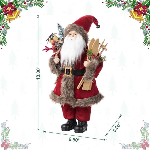 dimension image slide 7 of 10, Glitzhome 18"H Faux Fur Christmas Santa Figurines with Porcelain Face