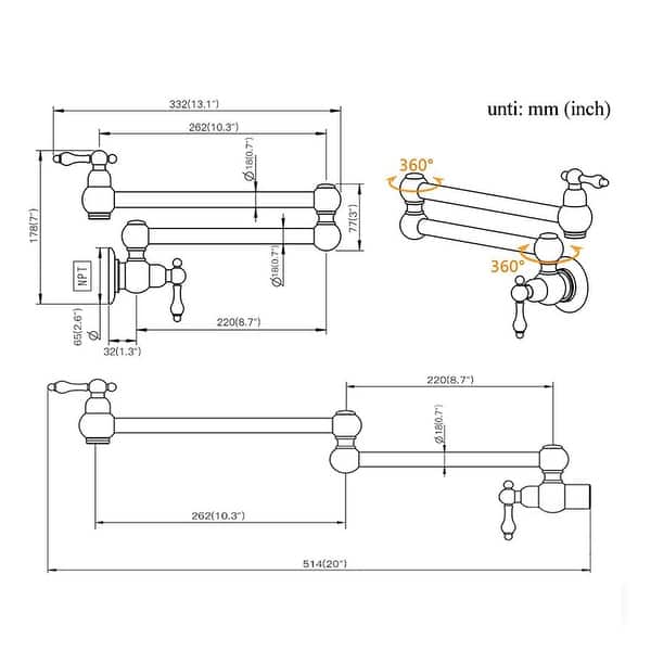 dimension image slide 0 of 12, WOWOW Wall Mounted Pot Filler Faucet with Double Joints