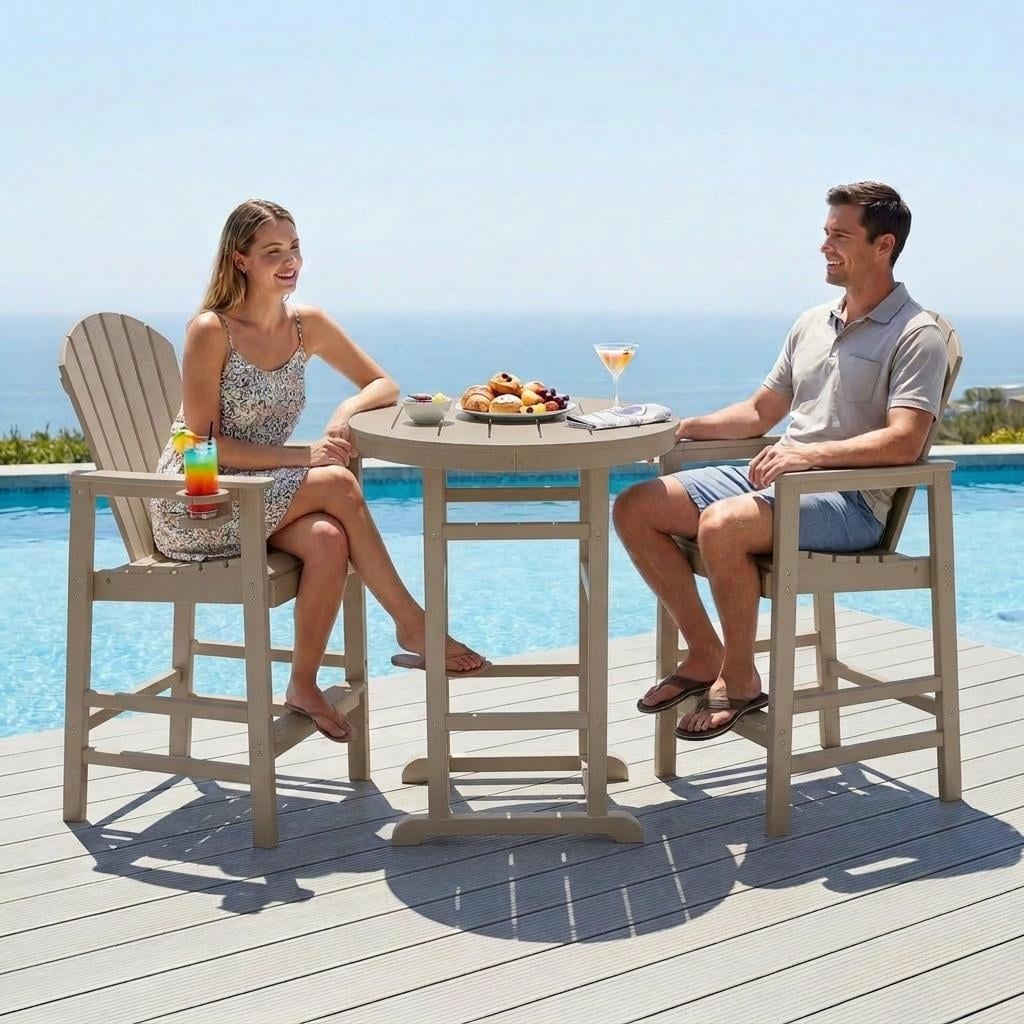 Rustic Bistro Set Round Pub Table with 2 Bar Stools & Cup Holders, Natural Dining Table Set for Outdoor Garden