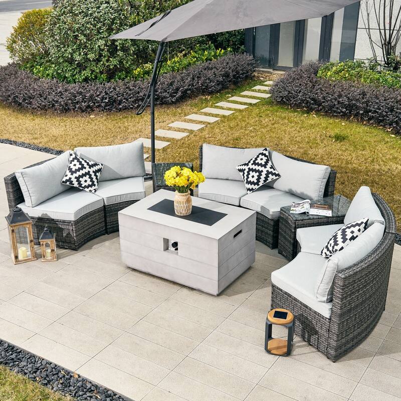 9-Piece Modular Patio PE Rattan Sofa Set with 50000BTU Terrafab Composite Fire Pit Table