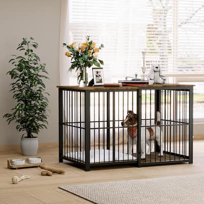 EROMMY Adjustable Dog Crate Furniture - Extendable Wooden Kennel (24.2" to 45.6") with Cushion, Heavy Duty End Table for Pets