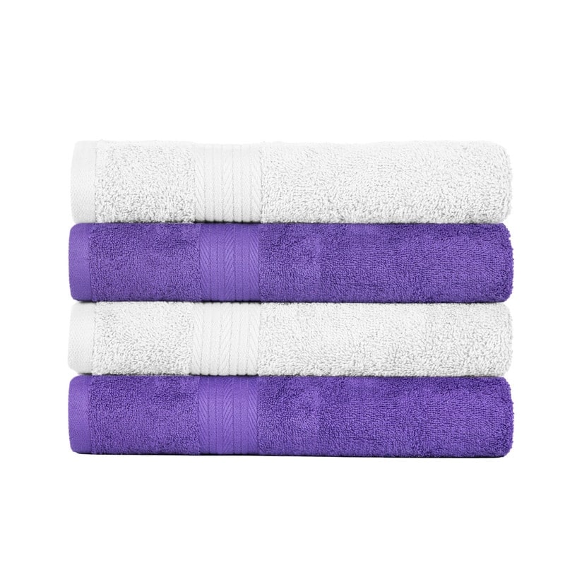 Pure Cotton 600GSM Absorbent Hand Towel 18x28 Inch by Ample Decor - Pack of 4 - White-Purple