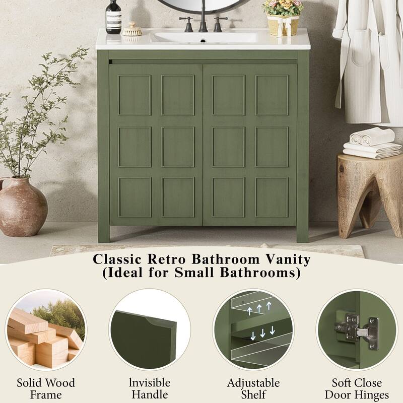 36" Rustic Bathroom Vanity Cabinet with Ceramic Sink -Solid Wood Freestanding Organizer with Soft Close Doors.