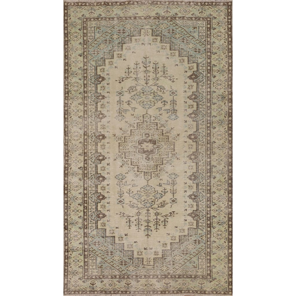 Geometric Anatolian Distressed Vintage Area Rug Handmade Wool Carpet - 5'2" x 9'3"