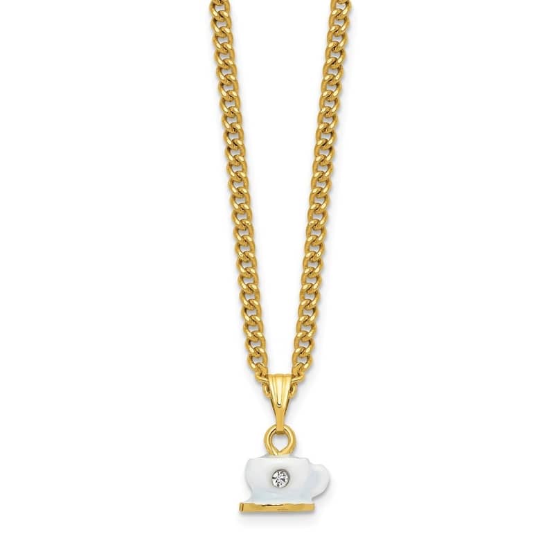 Curata Pewter Bejeweled Crystals Gold-Tone Enameled Caf\x1a Coffee Cup Trinket Box on 18 Inch Necklace