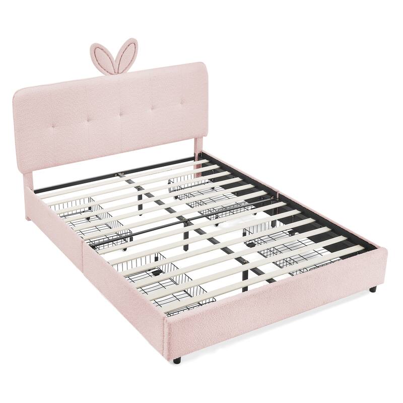 Queen Size Boucle Upholstered Bed with Rabbit Ear Headboard, LED Music Sync & 4 Drawers