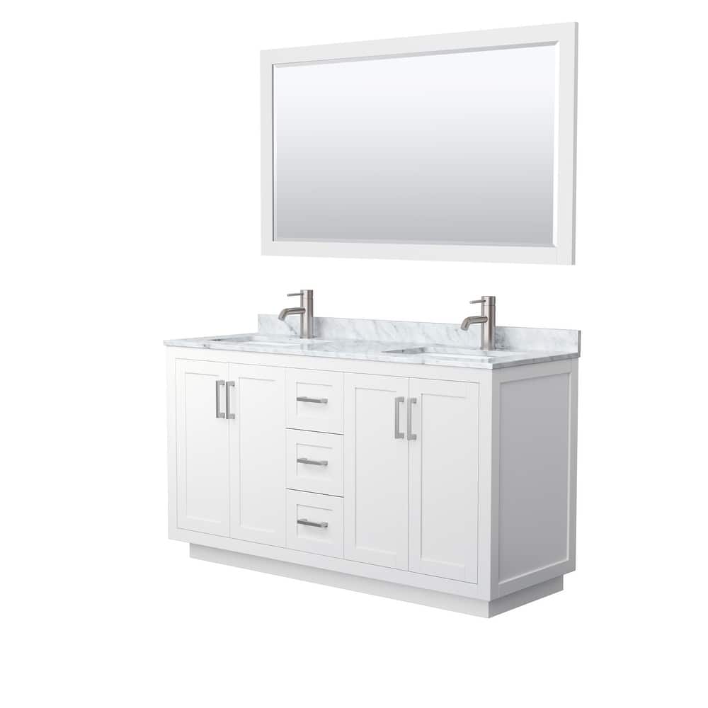 Miranda Bathroom Vanity Set, White Carrara Marble Top, 58-Inch Mirror