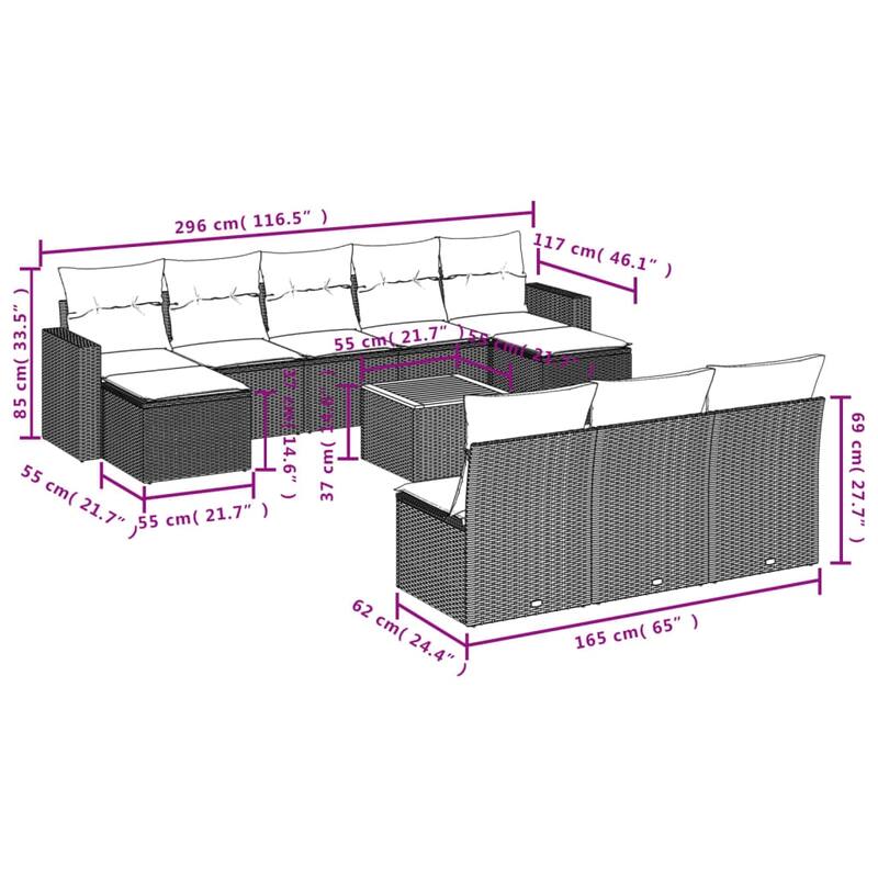 vidaXL Patio Sofa Set with Cushions Outdoor Furniture 11 Piece Poly Rattan - 21.7 x 21.7 x 14.6