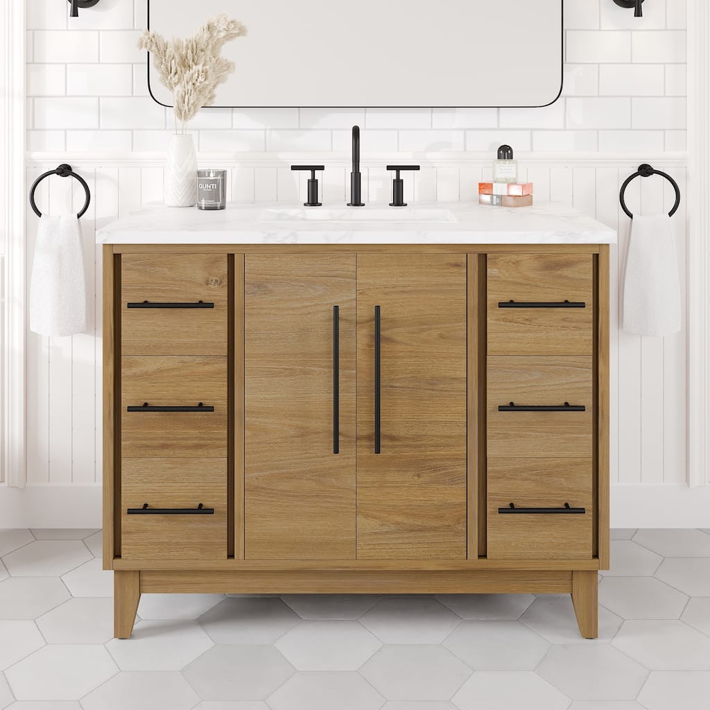 Graham 42"W Oak Bath Vanity with WH Arabescato Engineered Stone Top