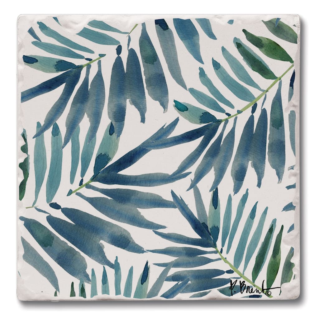 Counterart Absorbent Stone Coasters - Blue Palms - Set of 4 - 4x4x108