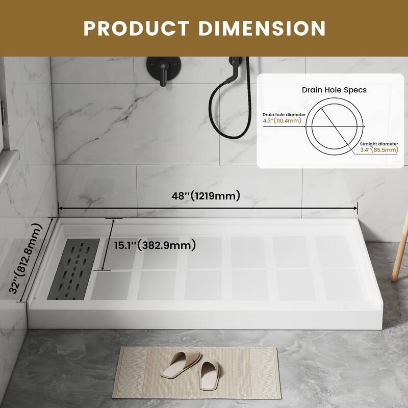 SMC Alcove Single Threshold Shower Pan Base, S/S Drain Cover Included, cUPC Certified, Slip-Resistant
