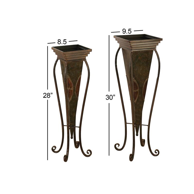 Metal Planter with Scroll Stand - Set of 2 Brown - Roche River Decor - 10"W x 10"L x 30"H