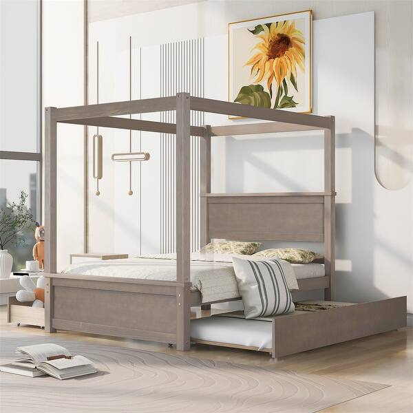 slide 2 of 15, Merax Full Size Canopy Bed with Trundle Bed and two Drawers Brushed Light Brown
