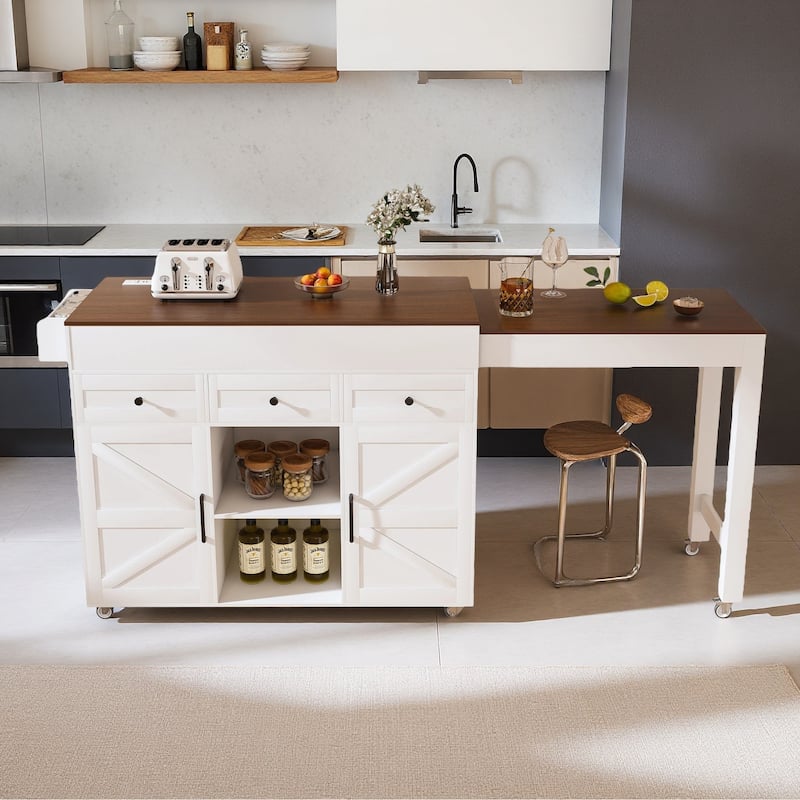 Kitchen Island with Extendable Dining Table, Kitchen Storage Cart on Wheels with 2 Drawers, Rolling Extendable Island Cart