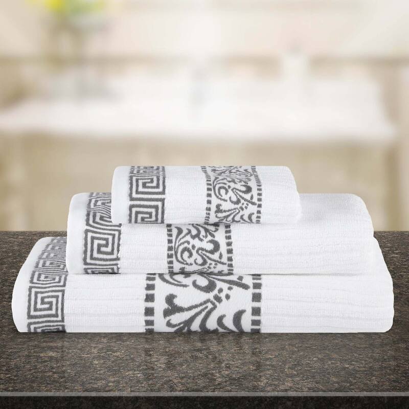 Superior Athens Cotton Floral Border Greek Key 3-Piece Towel Set - Grey