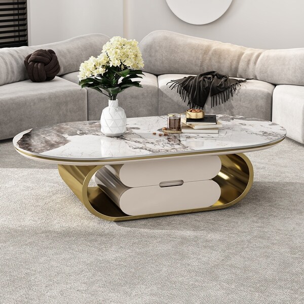 55 Inches Modern Oval Faux Marble Coffee Table with Storage - 54'9