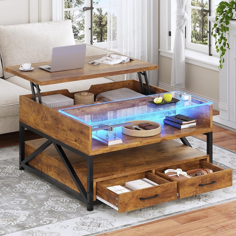 Coffee Table Lift Top 2 Drawers Hidden Compartment for Living Room