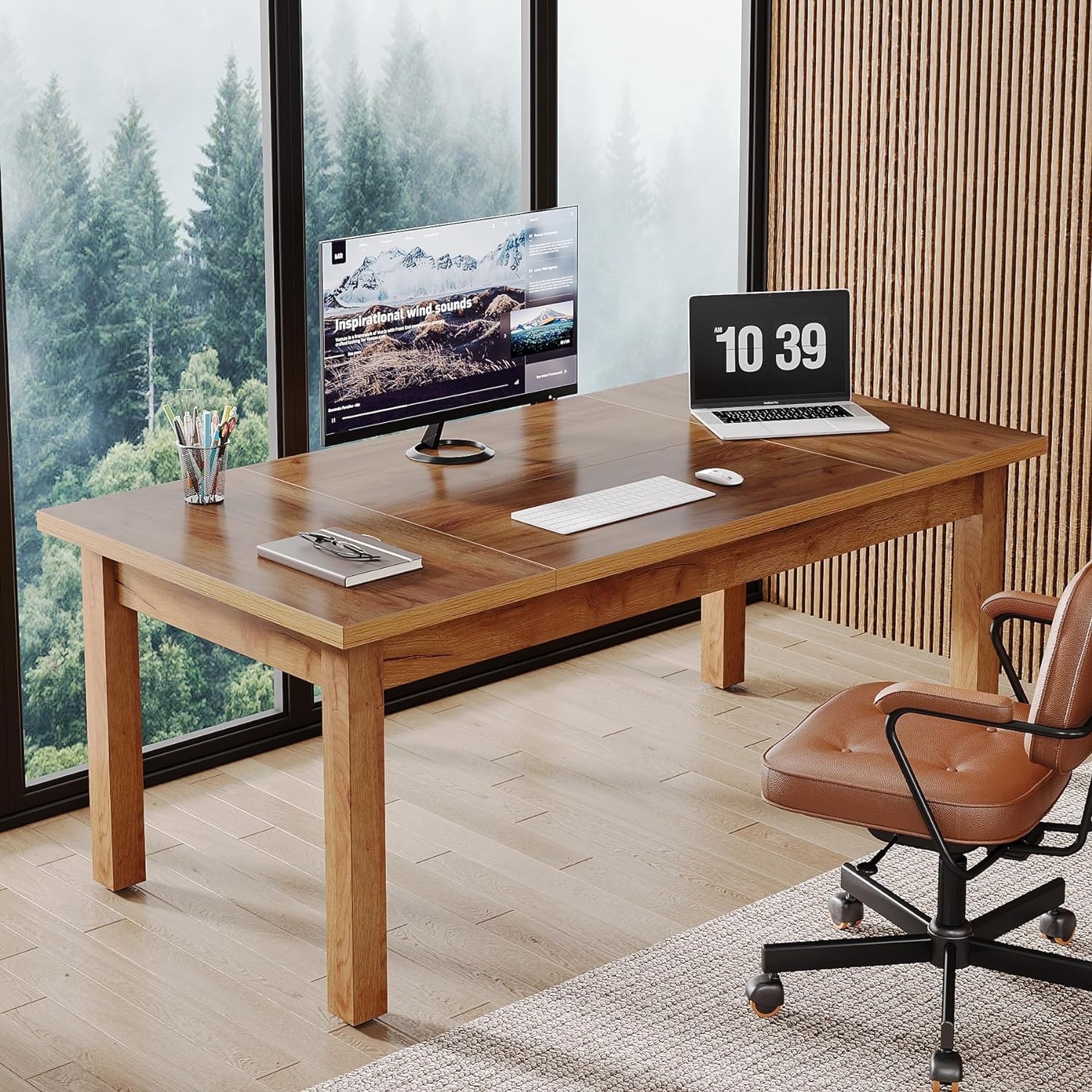 70 Inch Large Desk, Wood Farmhouse Office Computer Desk