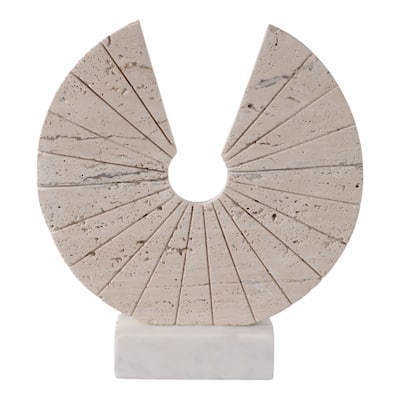 Travertine Marble Geometric Fan Modern Sculpture Decor - 11" Tan - 10" x 2" x 11"