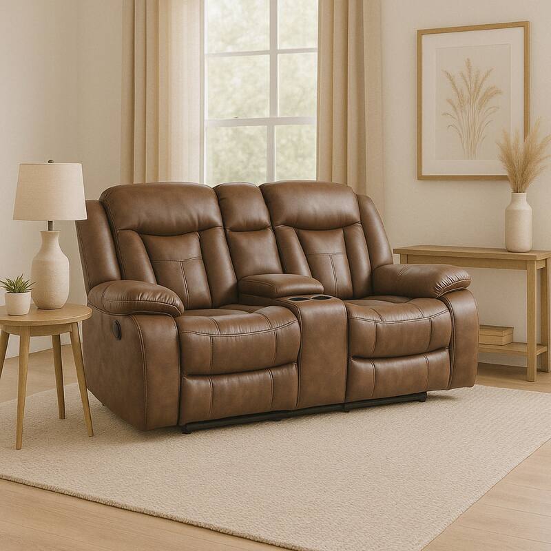 Olaf Dual Manual Recliner Console Loveseat, Brown Faux Leather 77 Inch