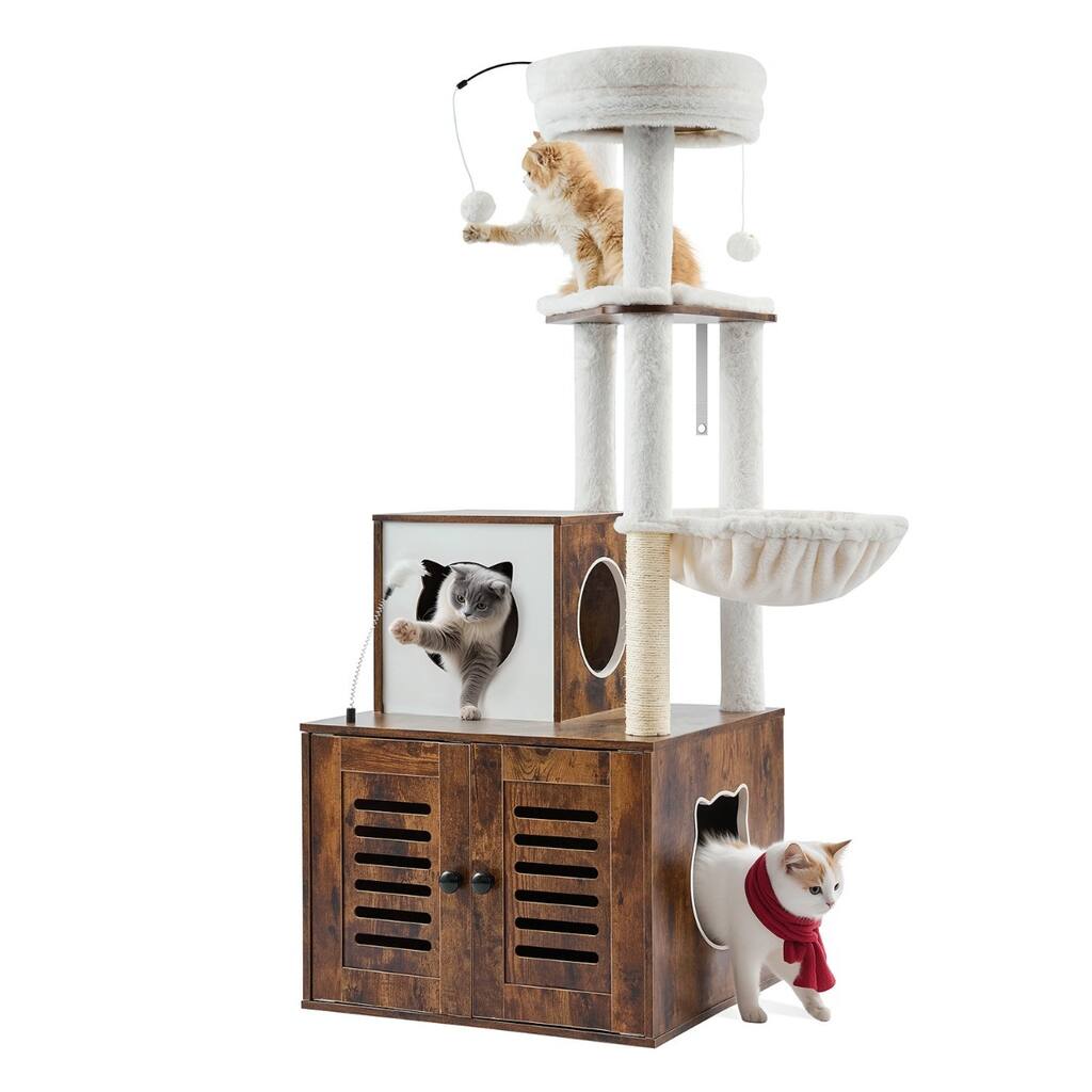 Brown Wood Multi-Level Cat Tree with Litter Box Enclosure