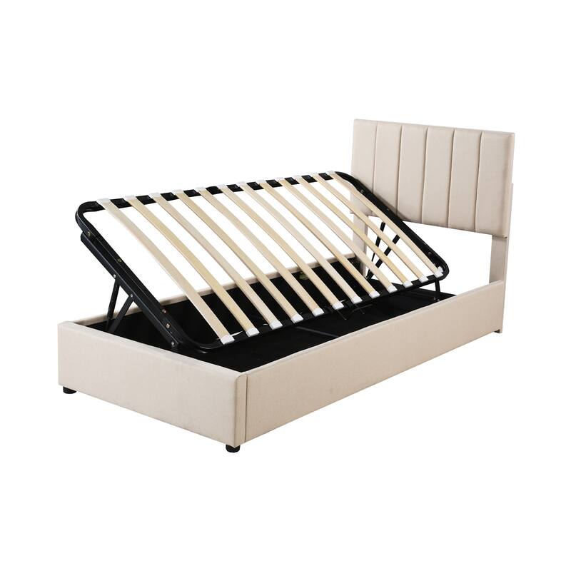 Beige Twin Size Upholstered Bed with Hydraulic Lift and Under-Bed Storage, Modern Design