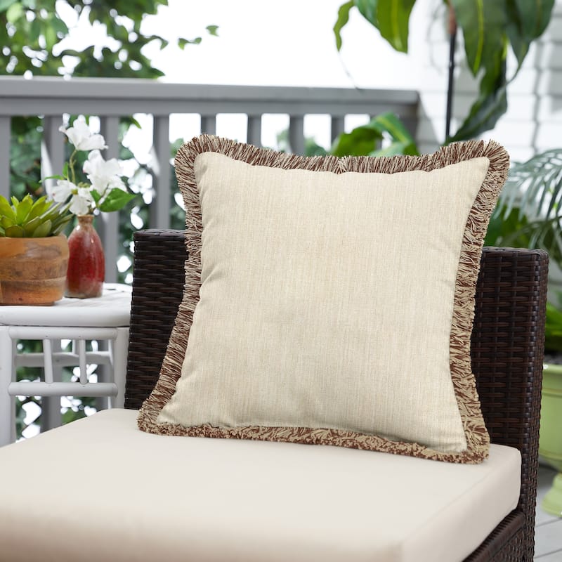 Sunbrella Cast Pumice and Brown Fringe Indoor/ Outdoor Pillow - 18 in L x 18 in W