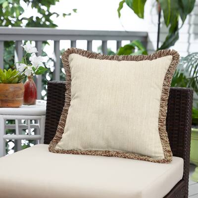 Sunbrella Cast Pumice and Brown Fringe Indoor/ Outdoor Pillow - 18 in L x 18 in W