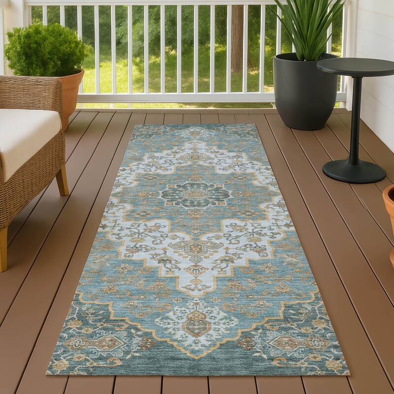 Machine Washable Indoor/ Outdoor Traditional Karachy Chantille Rug - Teal - 2'3" x 7'6"