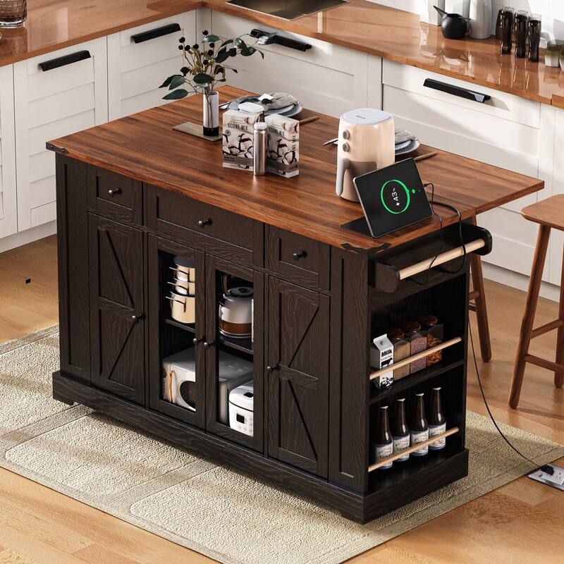 53'' Farmhouse Kitchen Island with Two Tempered Glass Cabinet Doors, Drop Leaf, 5 Open Side Racks and 3 Drawers