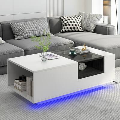 Coffee Table with Storage Open Display Shelf and LED Lights