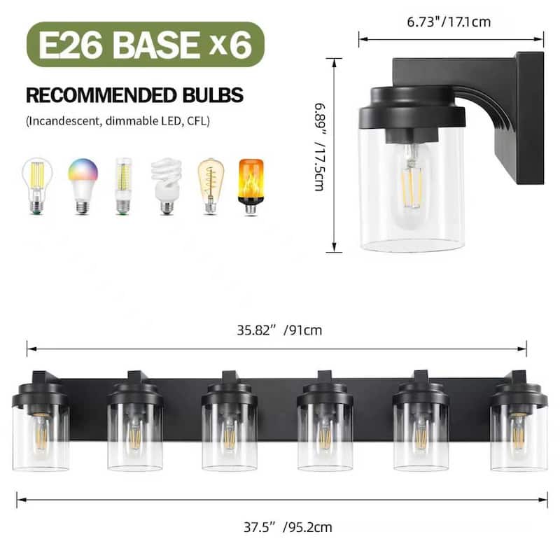 6 Light Bathroom Light Fixtures Over Mirror Bathroom Vanity Light, Black Vanity Lights with Clear Glass Shade